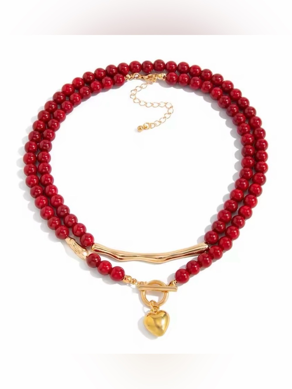 Red Beaded Double layer Set Necklace with Gold Heart Accent 2 necklaces - Picture 5 of 5